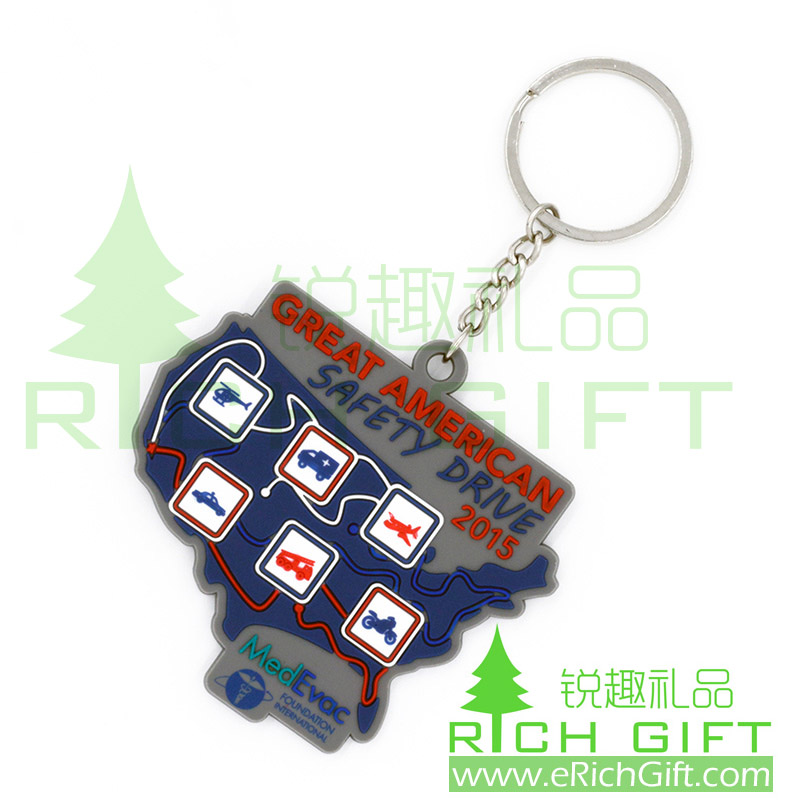 PVC 2D America map keychain saying American to be safety drive