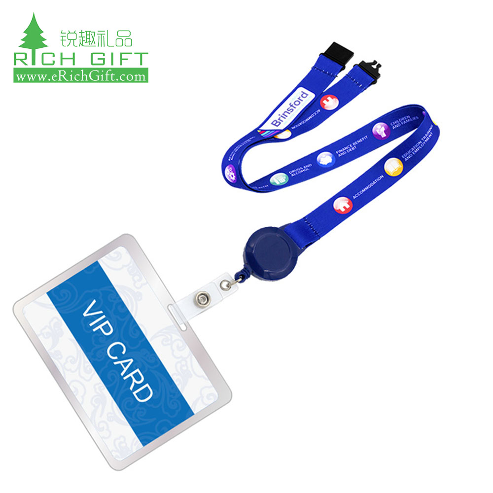 Wholesale cheap custom heat transfer printed neck strap detachable badge reel lanyard with plastic holder