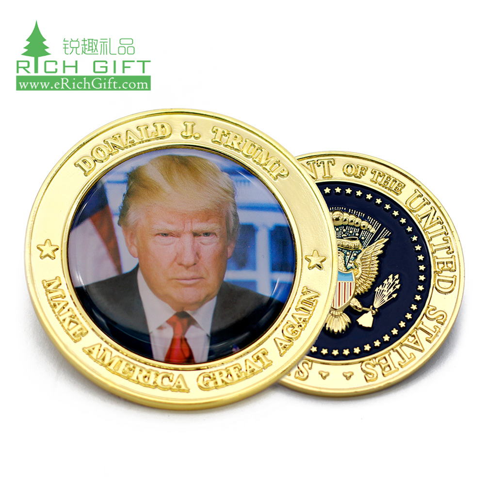 Free sample cheap custom metal gold plating printing epoxy america presidential donald trump challenge coin