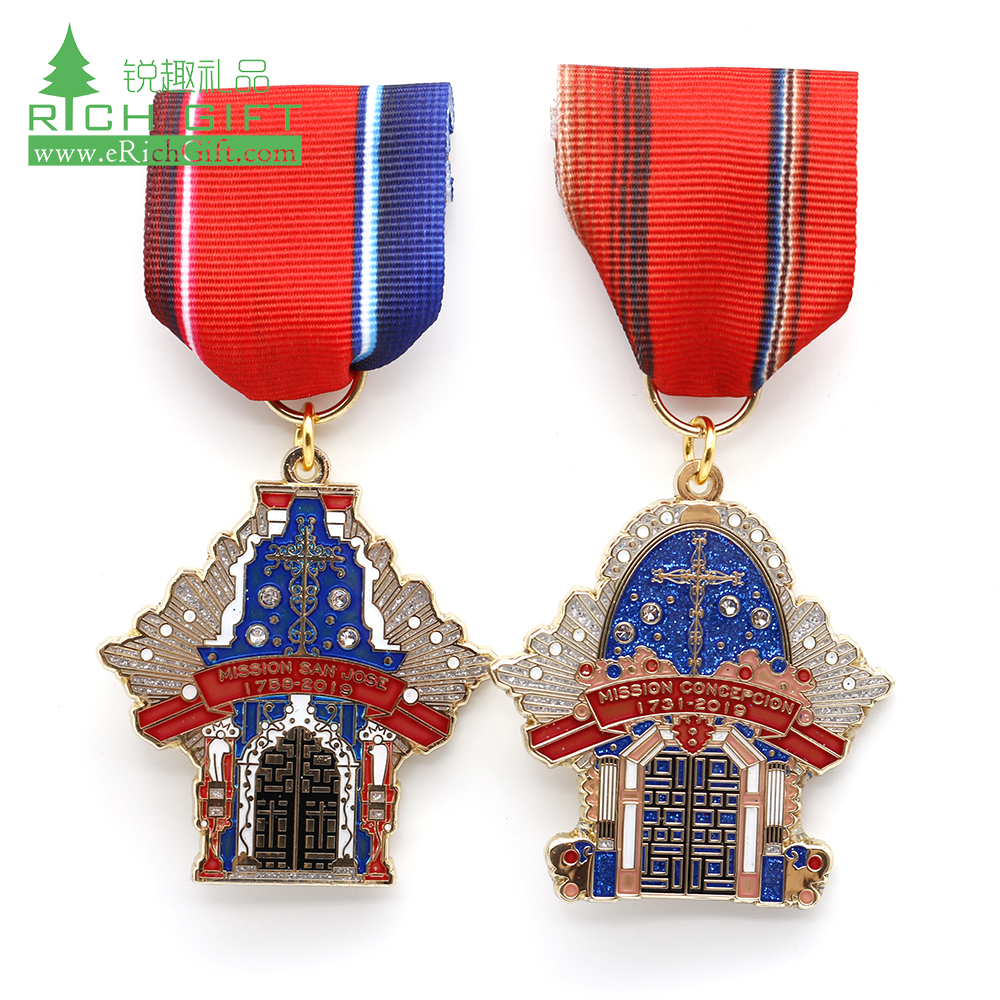 High quality custom design your own metal zinc alloy diamond rhinestone colorful enamel glitter carnival medal with  short ribbon