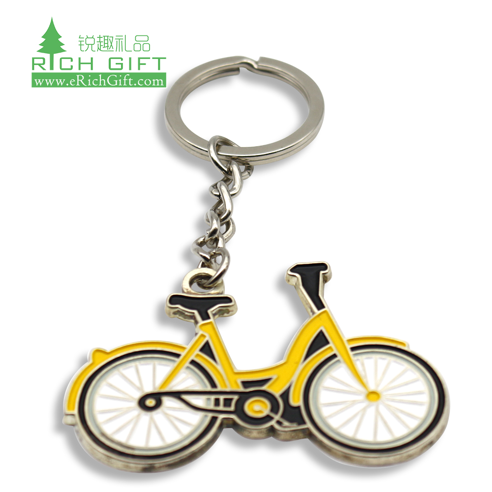 Unique design promotional metal silver enamel custom shaped pop gifts bicycle brand bike keychain with chain