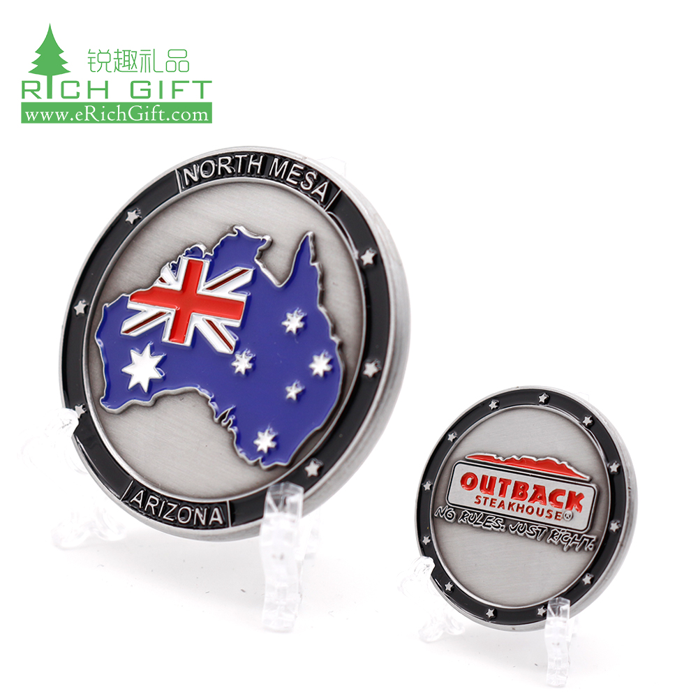 Free sample custom metal stamping country flag antique silver plated soft enamel australia challenge coin for souvenir