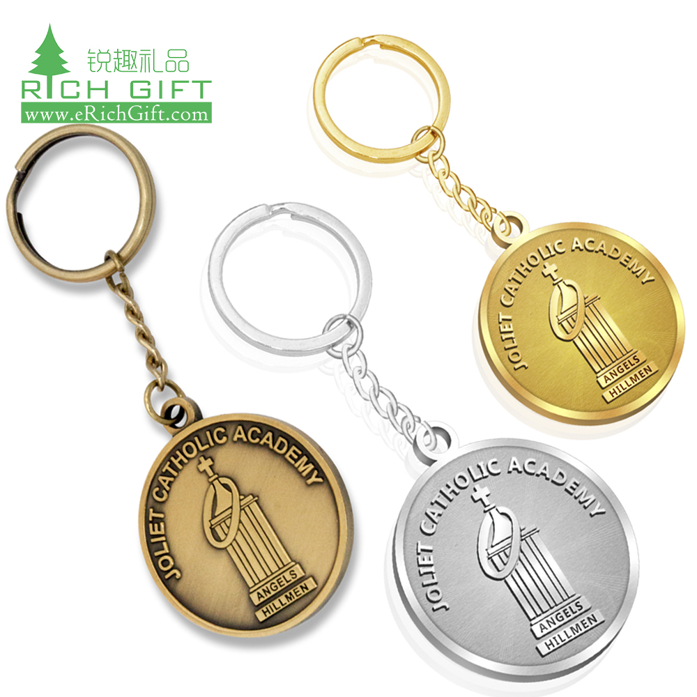 Wholesale custom metal stamping embossed 3d logo souvenir academy religious christian catholic keychain
