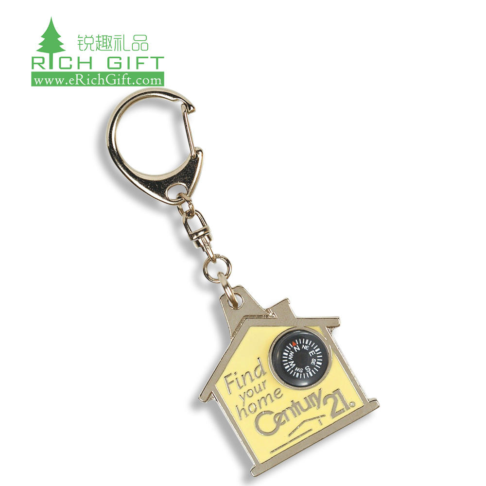 Manufacturer china metal charm brass laser engraved logo keyring custom house shaped mini compass keychain for gift