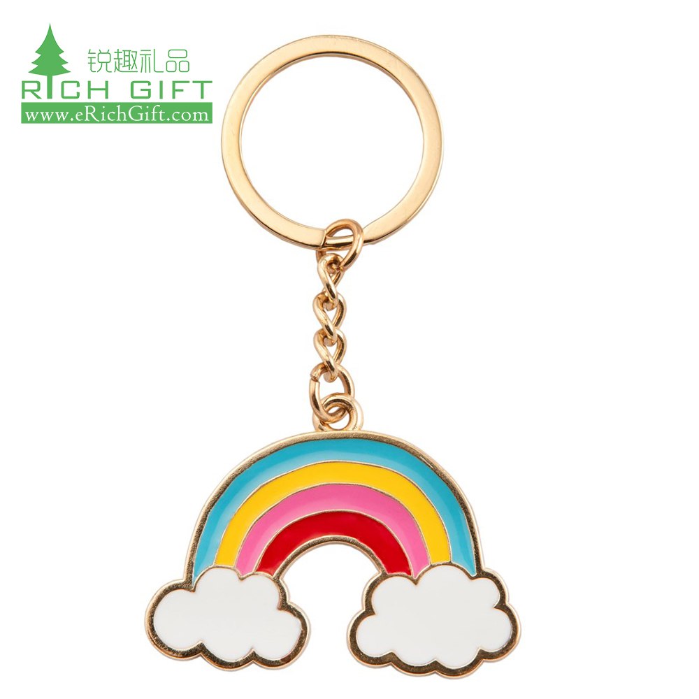 Fashion design custom metal stainless steel colorful soft enamel glitter luxury rainbow keychain for decoration