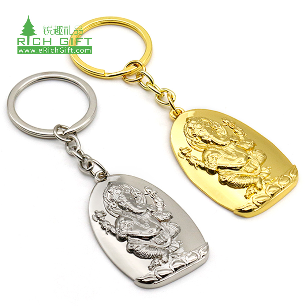 High quality metal brass embossed 3d christian gift custom gold silver buddha figure religious keychain