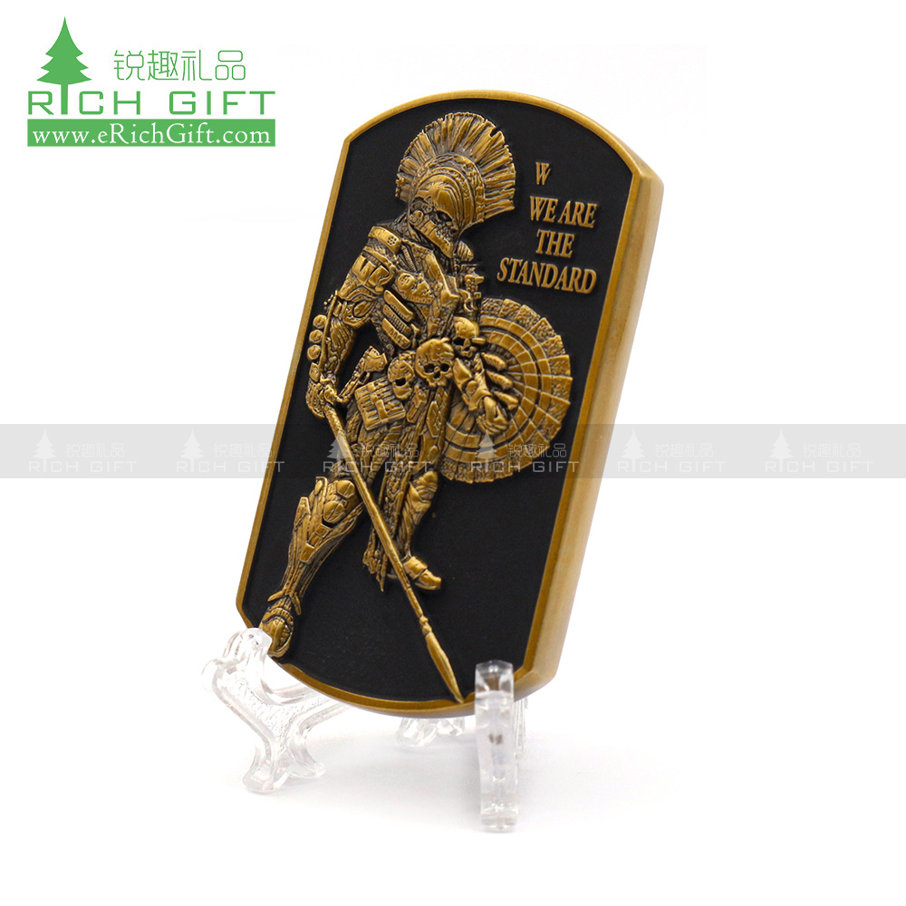 high quality zinc alloy metal brass plating custom 3d embossed knight soldier challenge coin