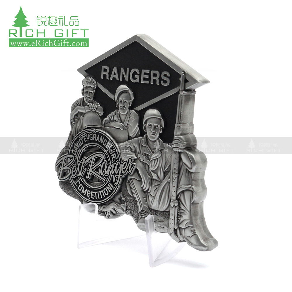 high quality zinc alloy metal antique silver plating custom 3d embossed vivid soldier rangers challenge coin for honer