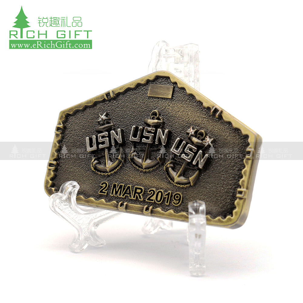 custom logo zinc alloy metal antique bronze silver dual plating USN challenge coin for collection