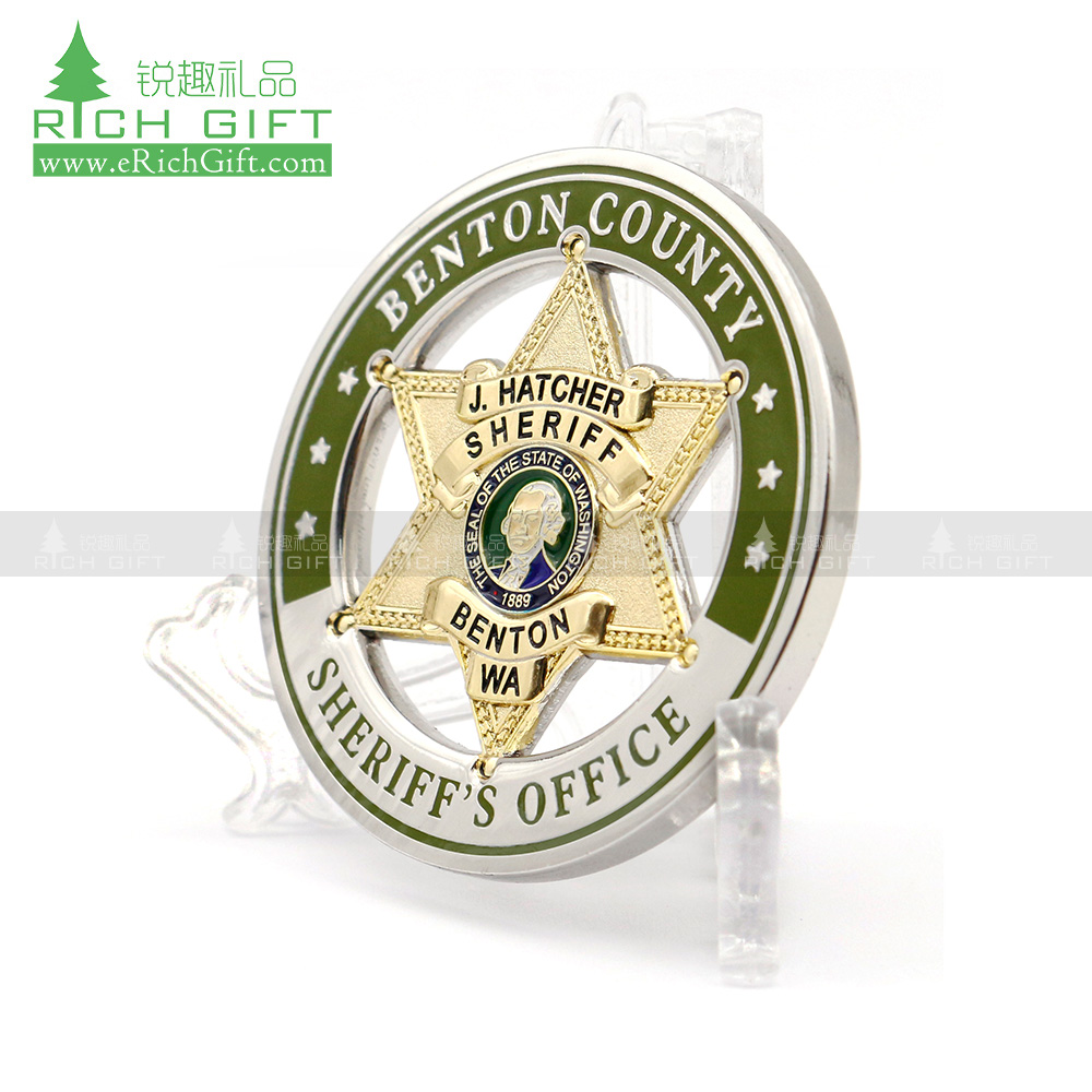 high quality custom logo enamel color hollow out sheriff office gold silver dual plating challenge coin for honor