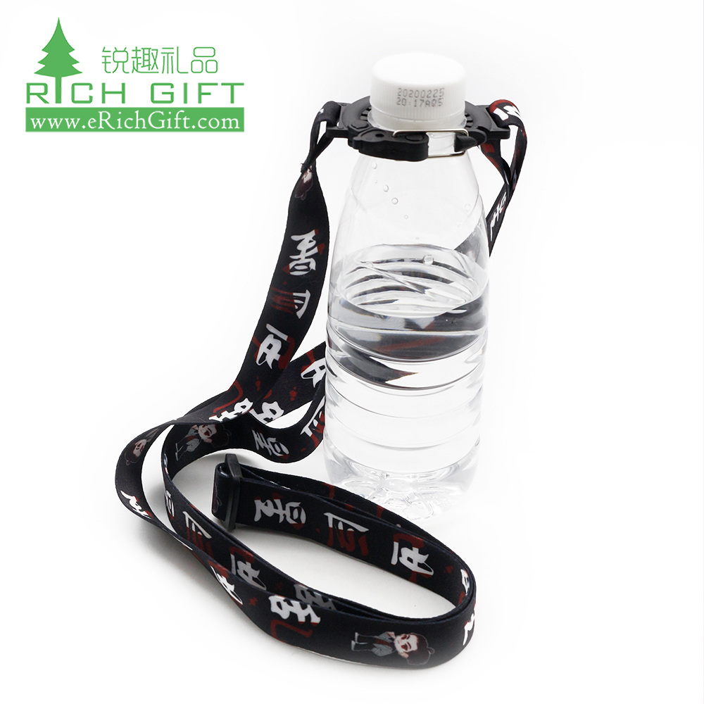 custom dye sublimation printed logo heat transfer plastic buckle beer water drink bottle holder lanyard with competitive price 
