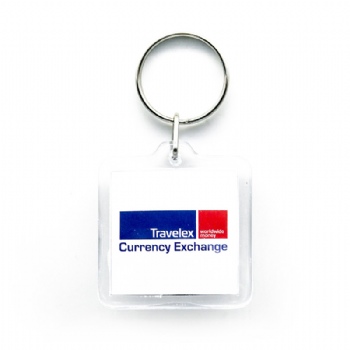 Acrylic keychain for travelex in square shape with single keyring