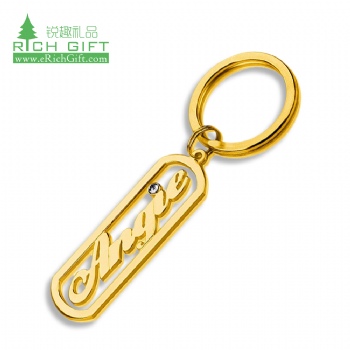 High quality personalized custom metal hollow out laser gold plated tritium alphabet letter diamond brand plate name keychain