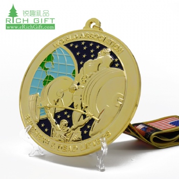 Made in china custom metal zinc alloy embossed 3d gold plated enamel championship powerlifting medal