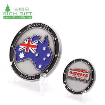 Free sample custom metal stamping country flag antique silver plated soft enamel australia challenge coin for souvenir