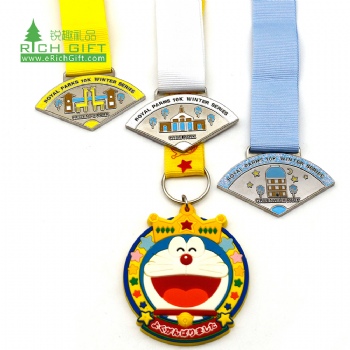 Creative design custom silicone rubber medallion embossed 3D logo soft pvc cute cartoon doraemon medal for souvenir