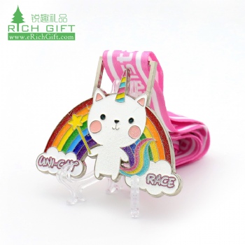 Free sample custom metal colorful rainbow soft enamel glitter kawaii cute cartoon animal unicorn cat souvenir race medal