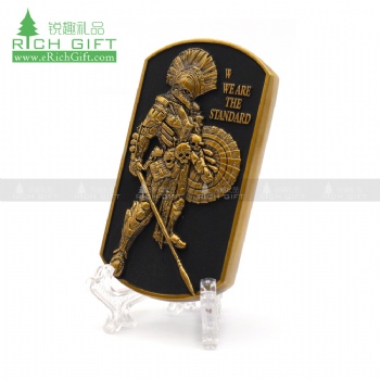high quality zinc alloy metal brass plating custom 3d embossed knight soldier challenge coin