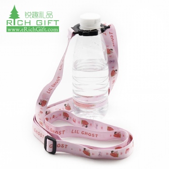 custom dye sublimation printed logo heat transfer plastic buckle wine beer water bottle holder lanyard with bottle holder 