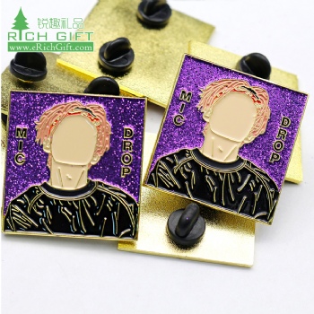 custom gold plated kpop music idol icon purple Bangtan Boys bts purple glitter enamel lapel pins with rubber clutch for souvenir