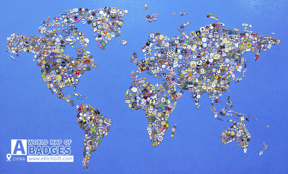 a world map made up of badges