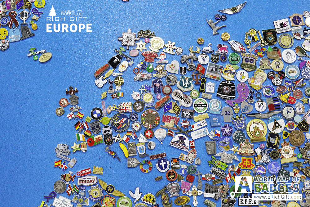 a world map made up of badges